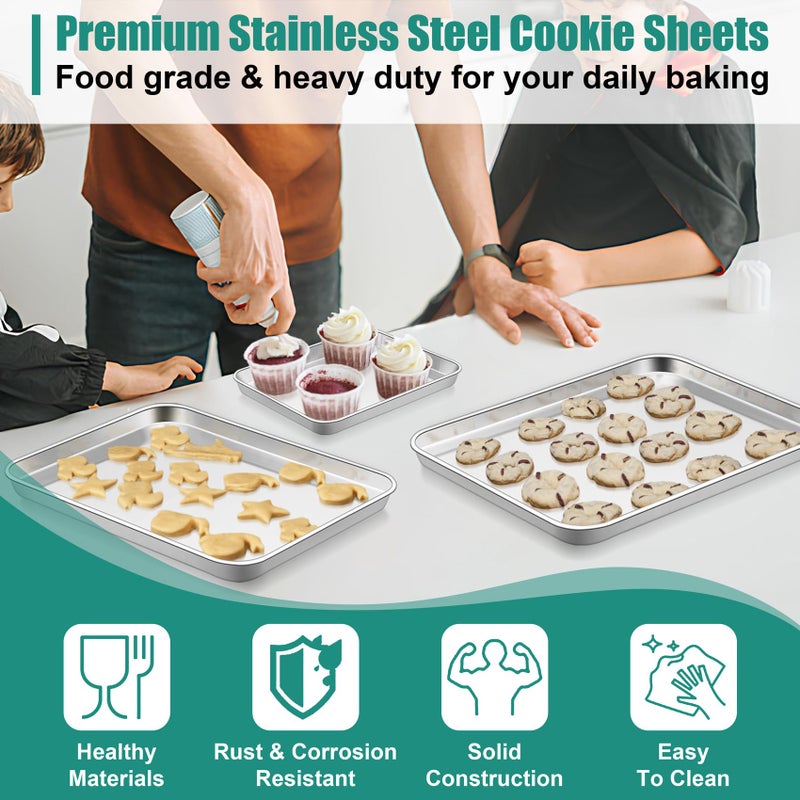 TeamFar Baking Sheet Set of 3, 16/12.5/9.3 Inch Stainless Steel Cookie Sheets Baking Pans, Metal Oven Baking Tray for Cooking Roasting Serving, Non-Toxic & Mirror Finish & Dishwasher Safe - Image 4